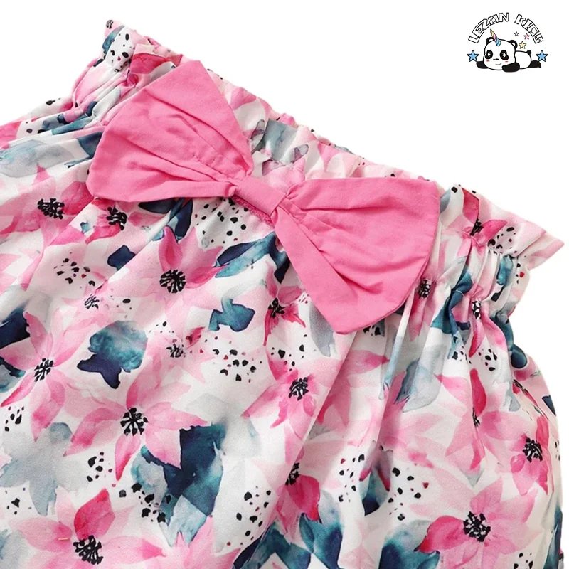 LEZONKIDS - Summer Girl Set One-Shoulder Lotus Leaf Collar Blouse Floral Skirt Two-Piece Set